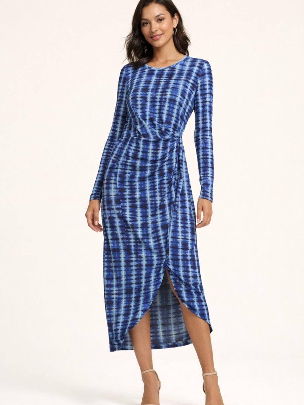 Bar III Blue Tie-Dye Long Sleeve Wrap Midi Dress